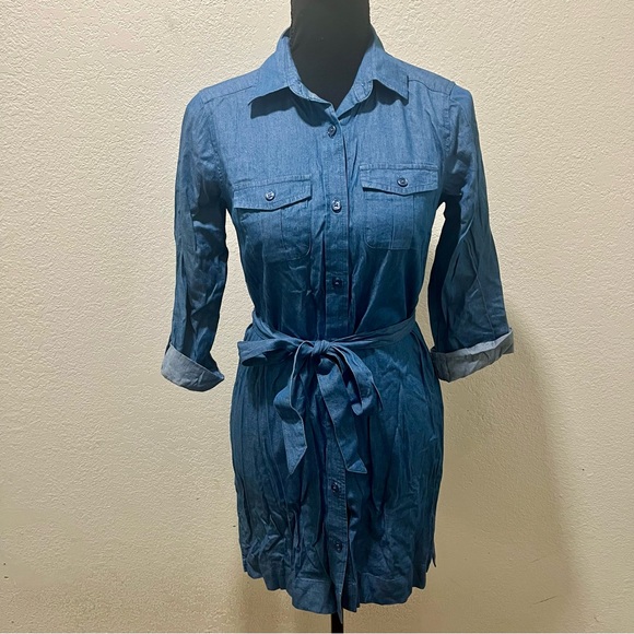 LOFT Petite Chambray Button Front Mini Dress with Tie Waist - Picture 1 of 14